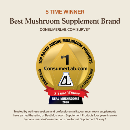 Real Mushrooms' Lion's Mane CALM features a gold ConsumerLab.com award badge for best mushroom supplement brand, marked "5 Time Winner," highlighting its excellence in Lion's Mane and Reishi extract formulations, and four consecutive survey wins.