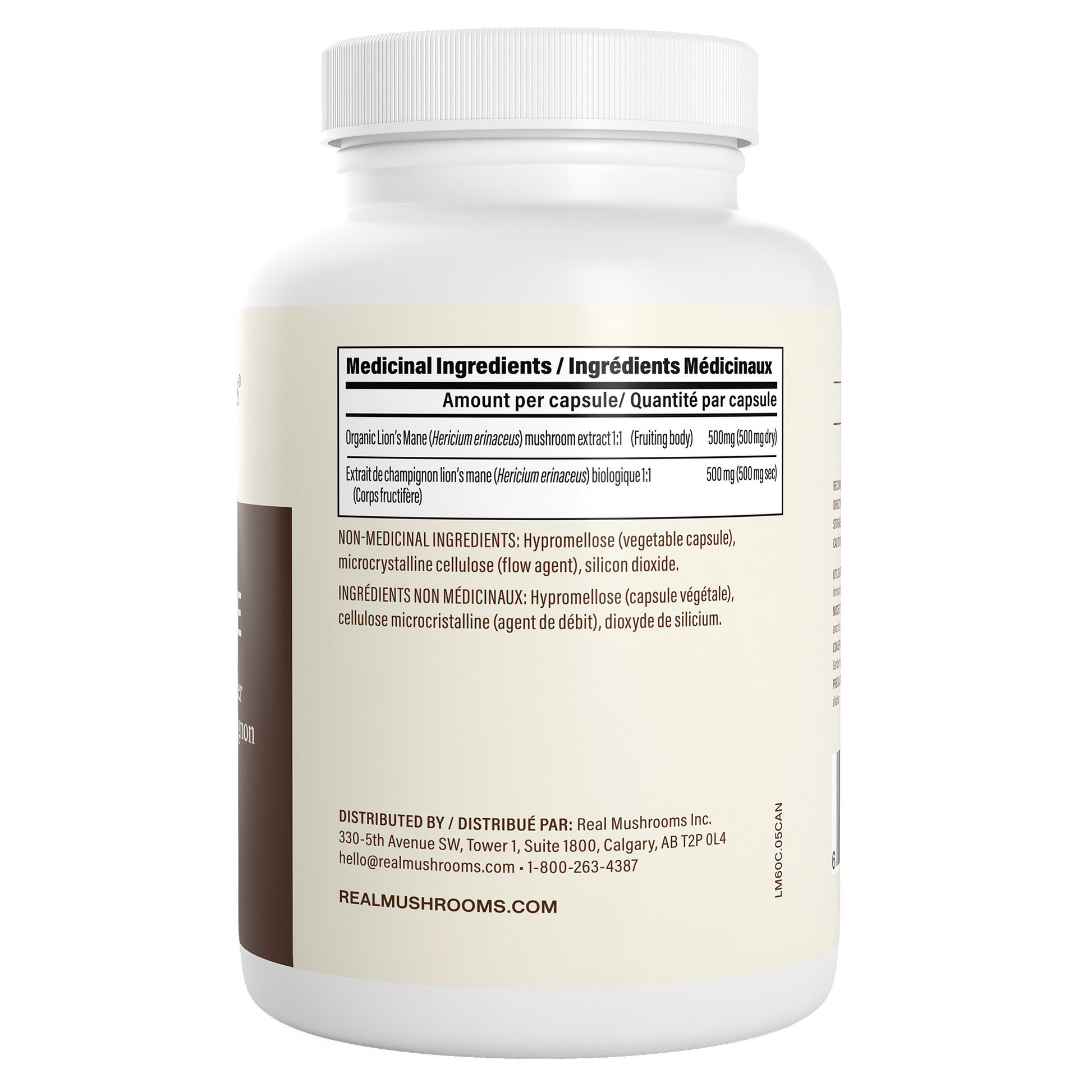 The Organic Lion's Mane Extract Capsules by Real Mushrooms come in a white bottle with a label listing ingredients, capsule contents, and distributor info—ideal for anyone seeking an organic mushroom supplement for mental clarity.