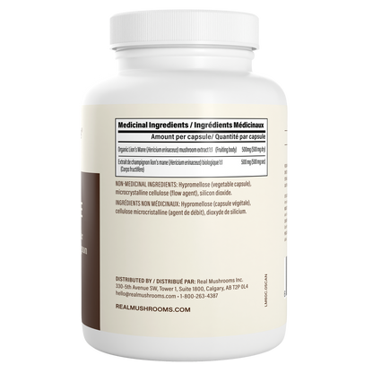 The Organic Lion's Mane Extract Capsules by Real Mushrooms come in a white bottle with a label listing ingredients, capsule contents, and distributor info—ideal for anyone seeking an organic mushroom supplement for mental clarity.