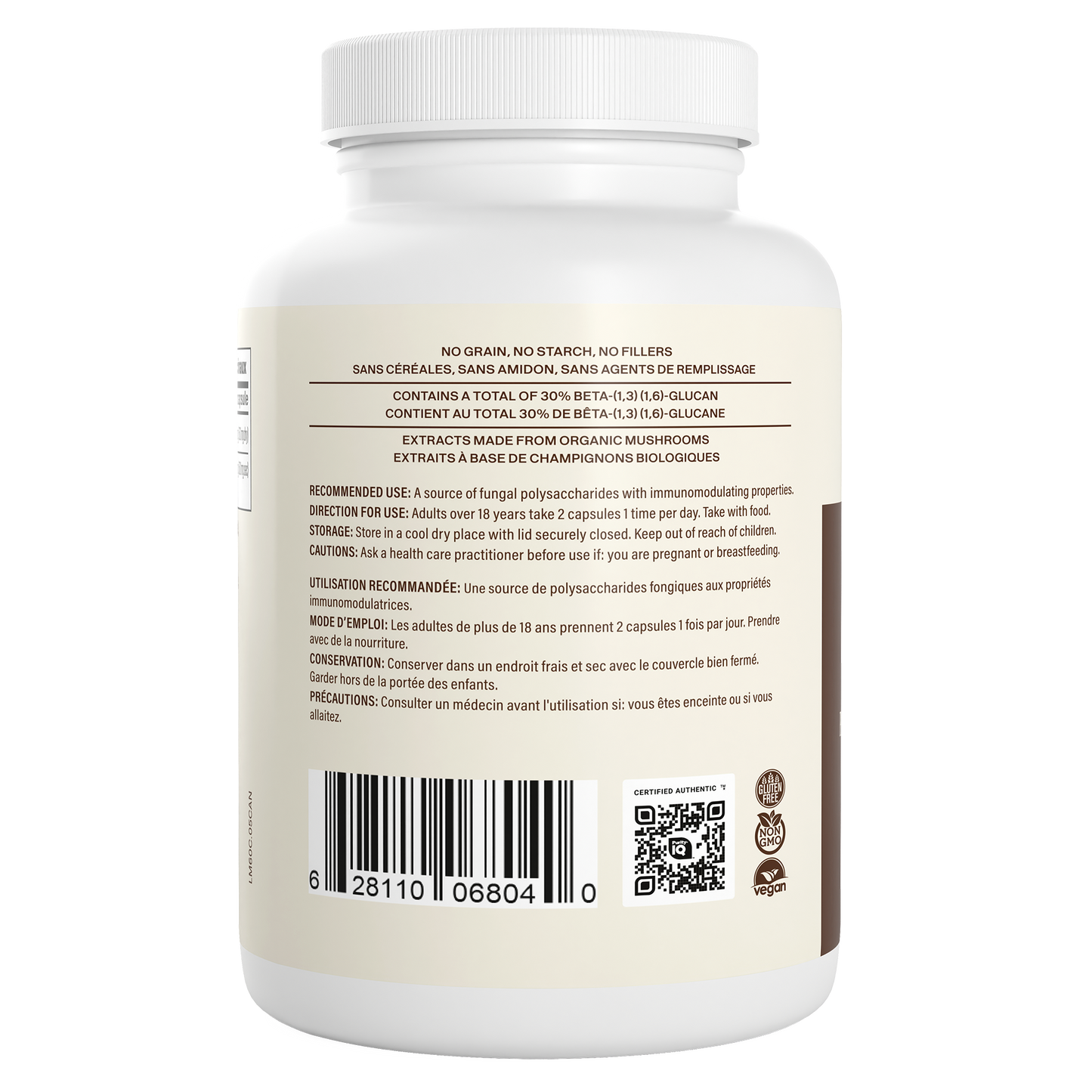 White bottle of Real Mushrooms Organic Lion's Mane Extract Capsules with beige label displays ingredients, usage, warnings, barcode, and certification logos in English and French. Highlights mental clarity benefits from organic mushroom extract.