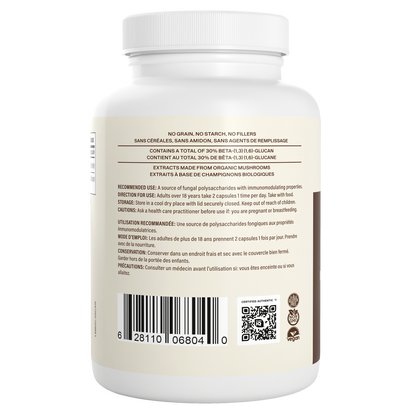 White bottle of Real Mushrooms Organic Lion's Mane Extract Capsules with beige label displays ingredients, usage, warnings, barcode, and certification logos in English and French. Highlights mental clarity benefits from organic mushroom extract.