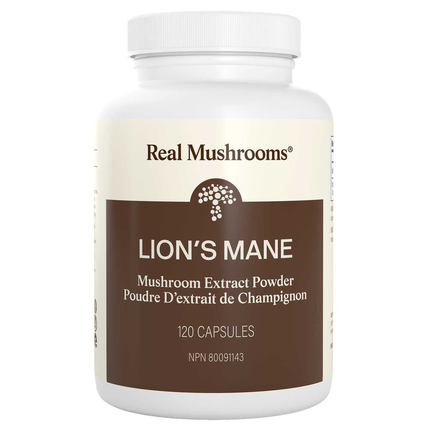 A white bottle labeled "Real Mushrooms Organic Lion's Mane Extract Capsules" contains 120 capsules, making it a popular organic supplement for supporting mental clarity.