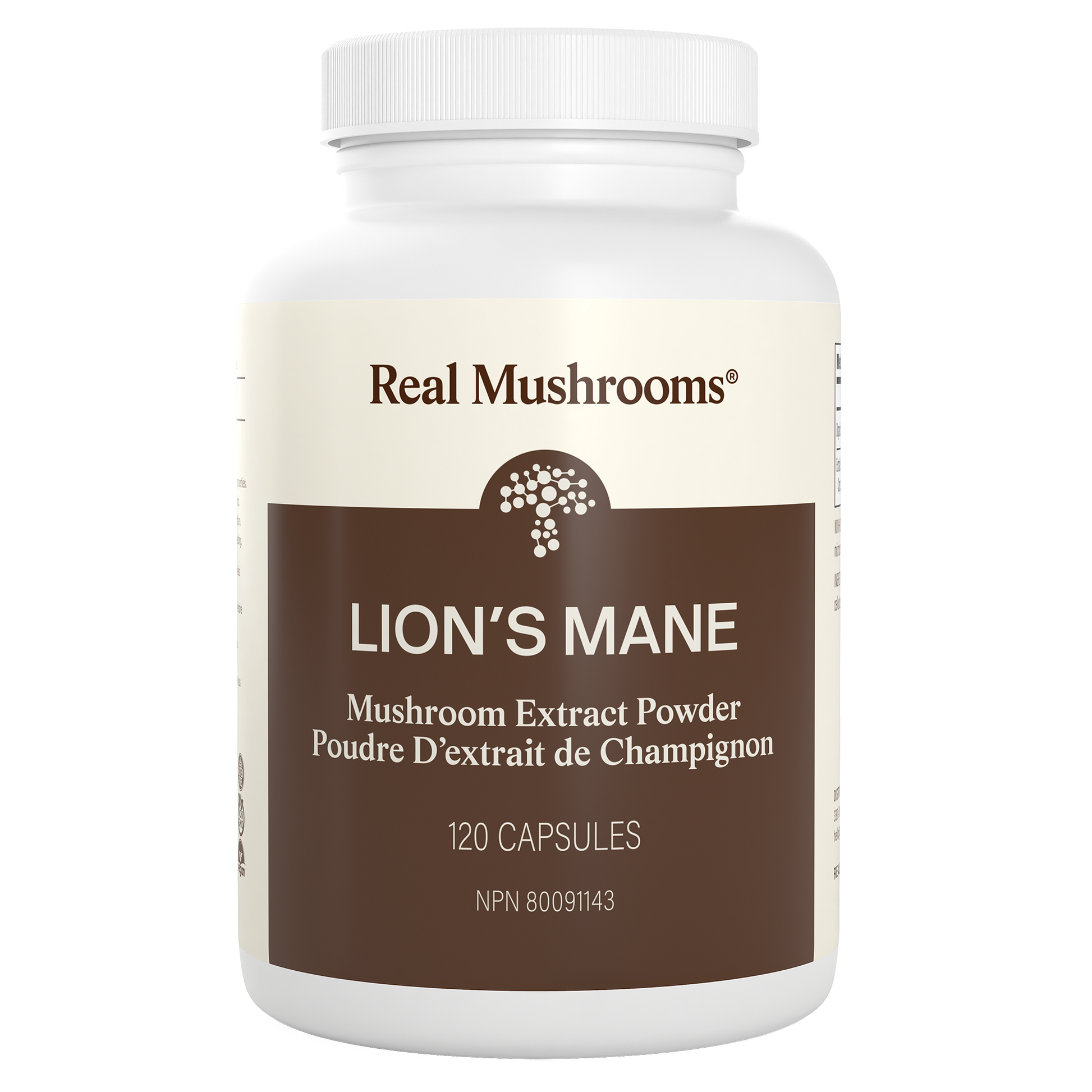 A white bottle labeled "Real Mushrooms Organic Lion's Mane Extract Capsules" contains 120 capsules, making it a popular organic supplement for supporting mental clarity.