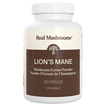 A white bottle labeled "Real Mushrooms Organic Lion's Mane Extract Capsules" contains 120 capsules, making it a popular organic supplement for supporting mental clarity.