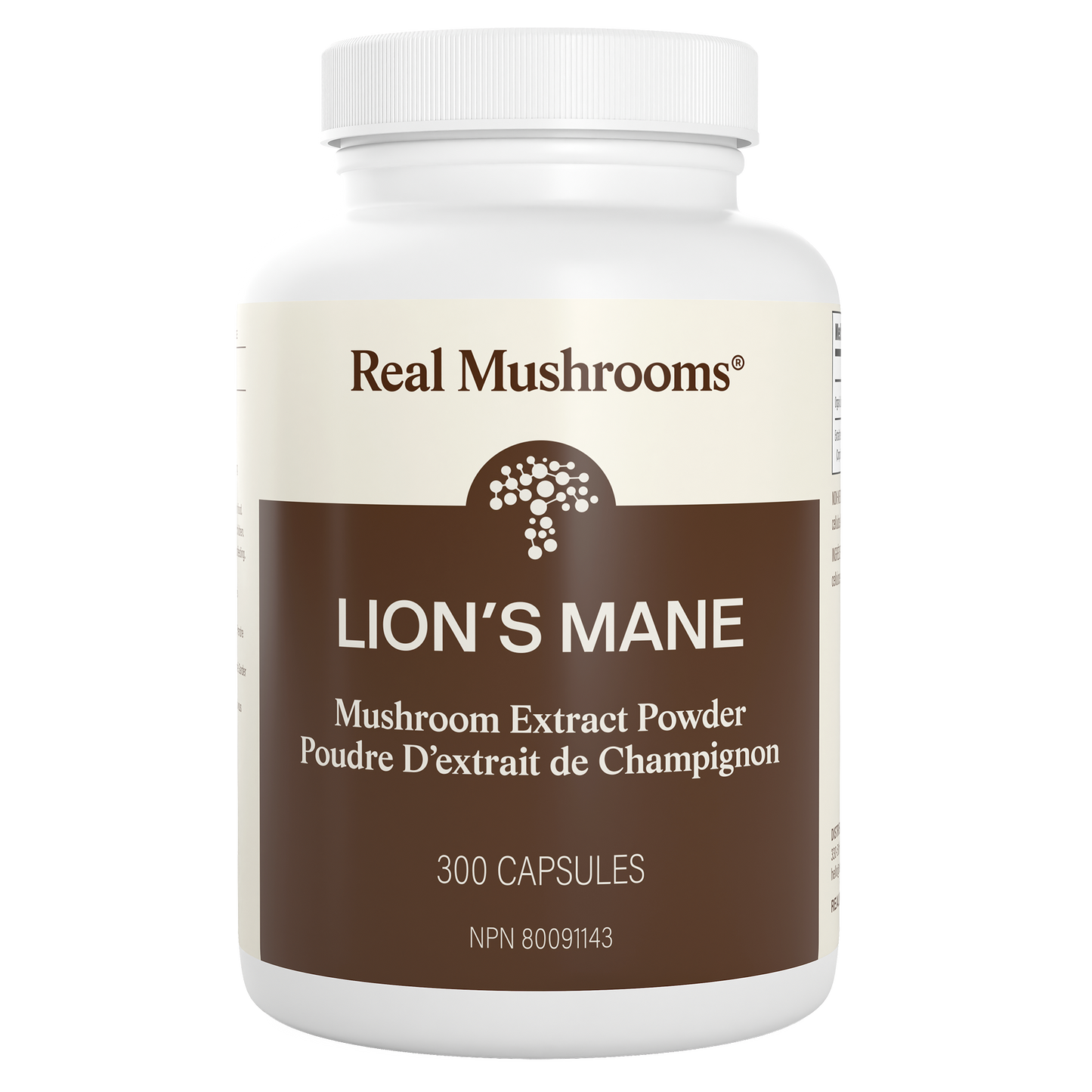A white bottle labeled "Real Mushrooms Organic Lion's Mane Extract Capsules" contains 300 capsules—a potent organic mushroom supplement crafted to support mental clarity.