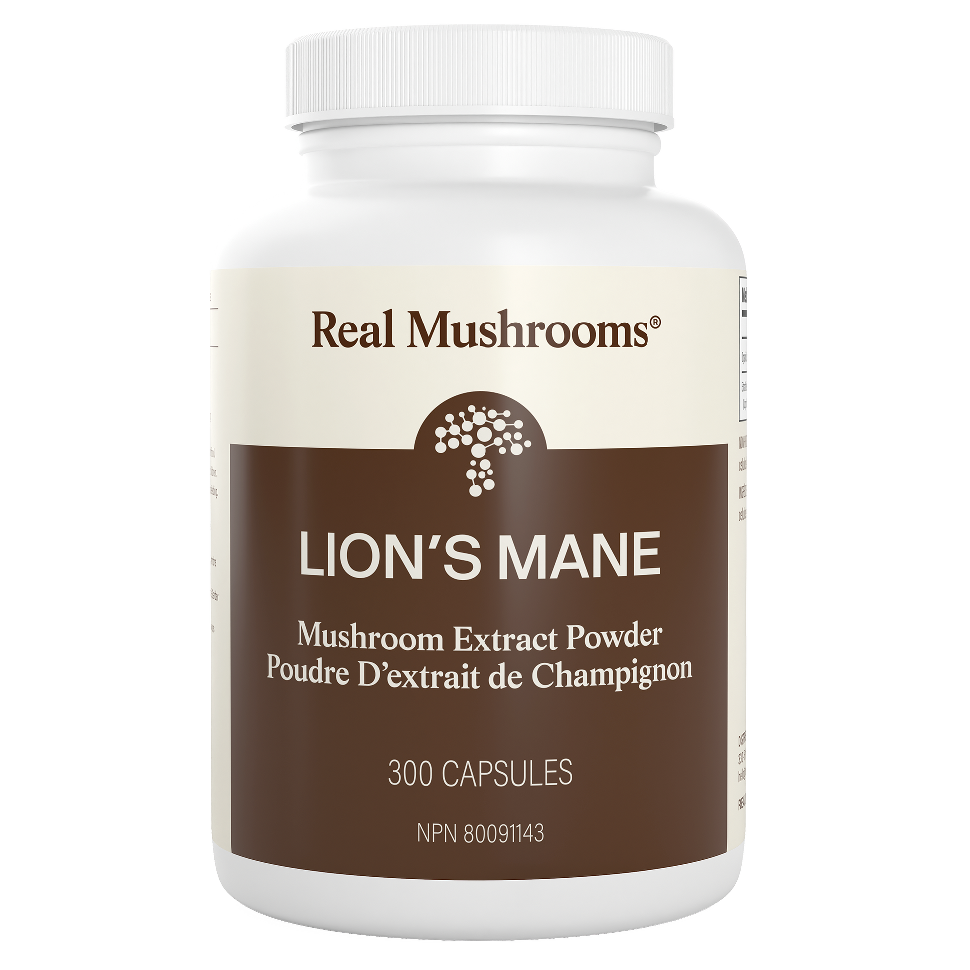 A white bottle labeled "Real Mushrooms Organic Lion's Mane Extract Capsules" contains 300 capsules—a potent organic mushroom supplement crafted to support mental clarity.
