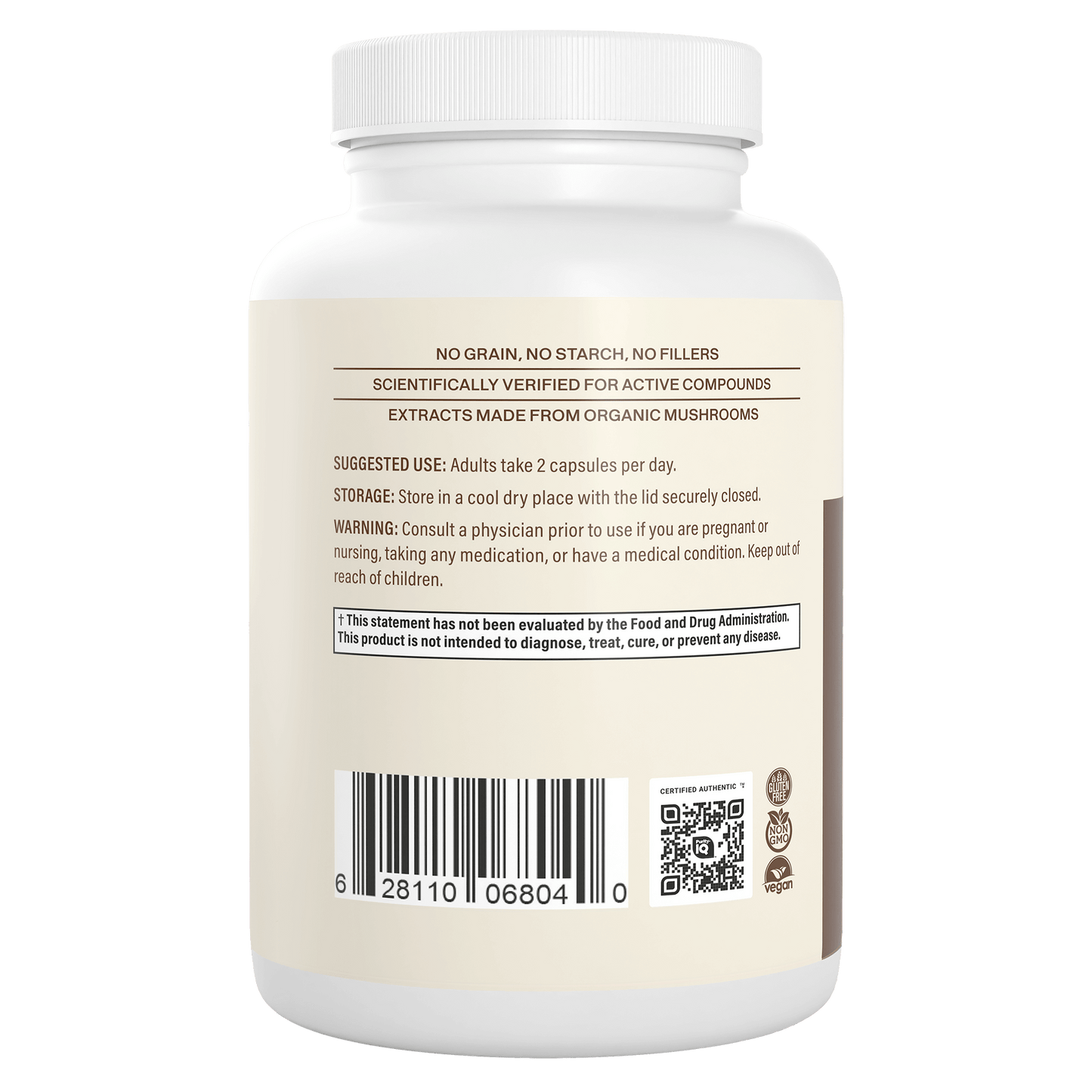 Back label of Real Mushrooms Organic Lion's Mane Extract Capsules shows usage directions, storage instructions, brain health warnings, and a barcode. Contains organic mushrooms including Lion’s Mane.