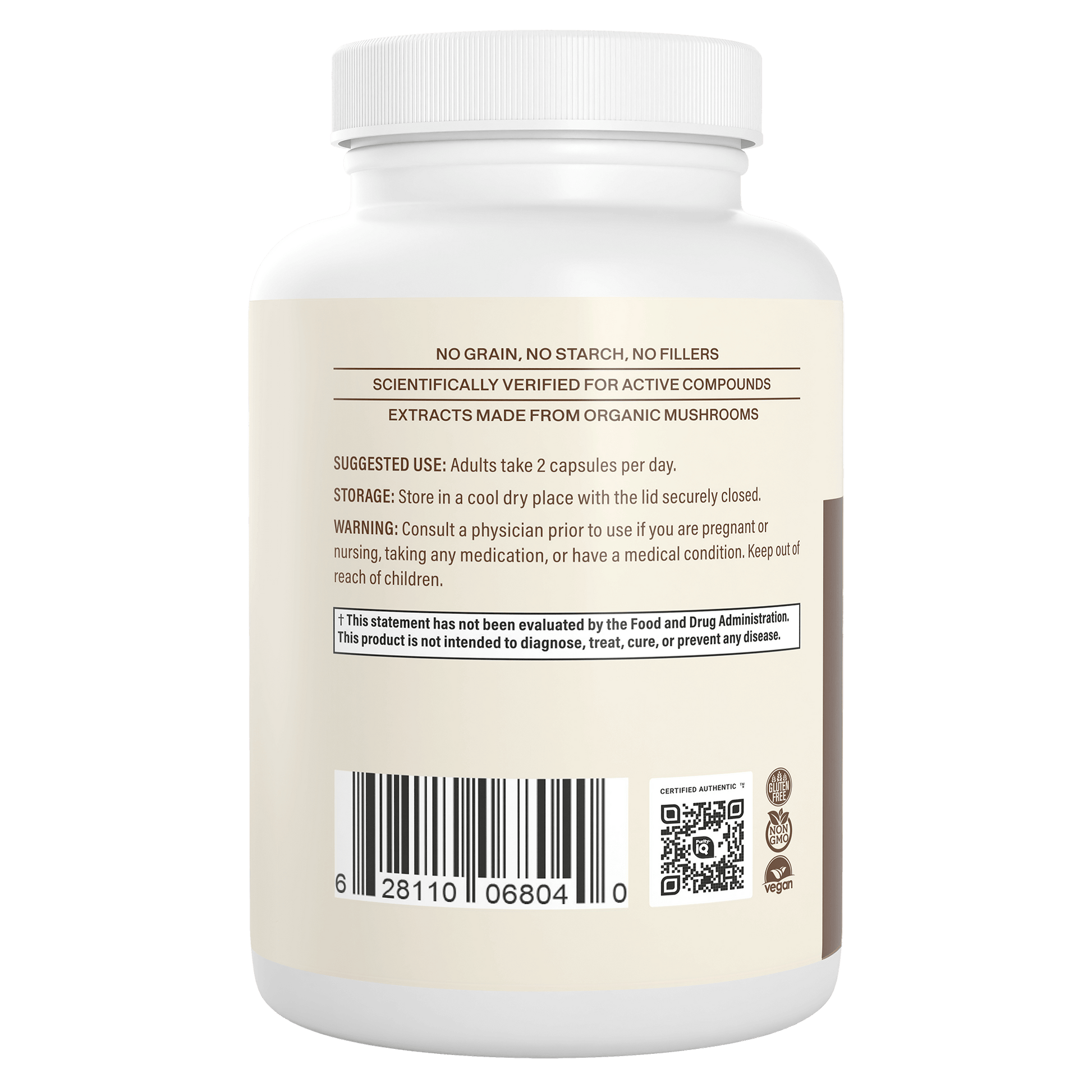 Back label of Real Mushrooms Organic Lion's Mane Extract Capsules shows usage directions, storage instructions, brain health warnings, and a barcode. Contains organic mushrooms including Lion’s Mane.