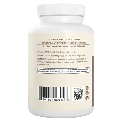 Back label of Real Mushrooms Organic Lion's Mane Extract Capsules shows usage directions, storage instructions, brain health warnings, and a barcode. Contains organic mushrooms including Lion’s Mane.