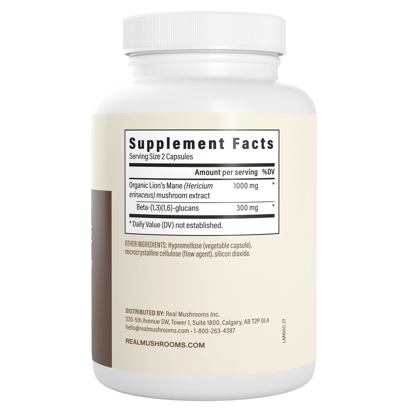 A white bottle labeled "Supplement Facts" shows details for Real Mushrooms Organic Lion's Mane Extract Capsules, listing ingredients and distributor info on the side—ideal for supporting brain health.