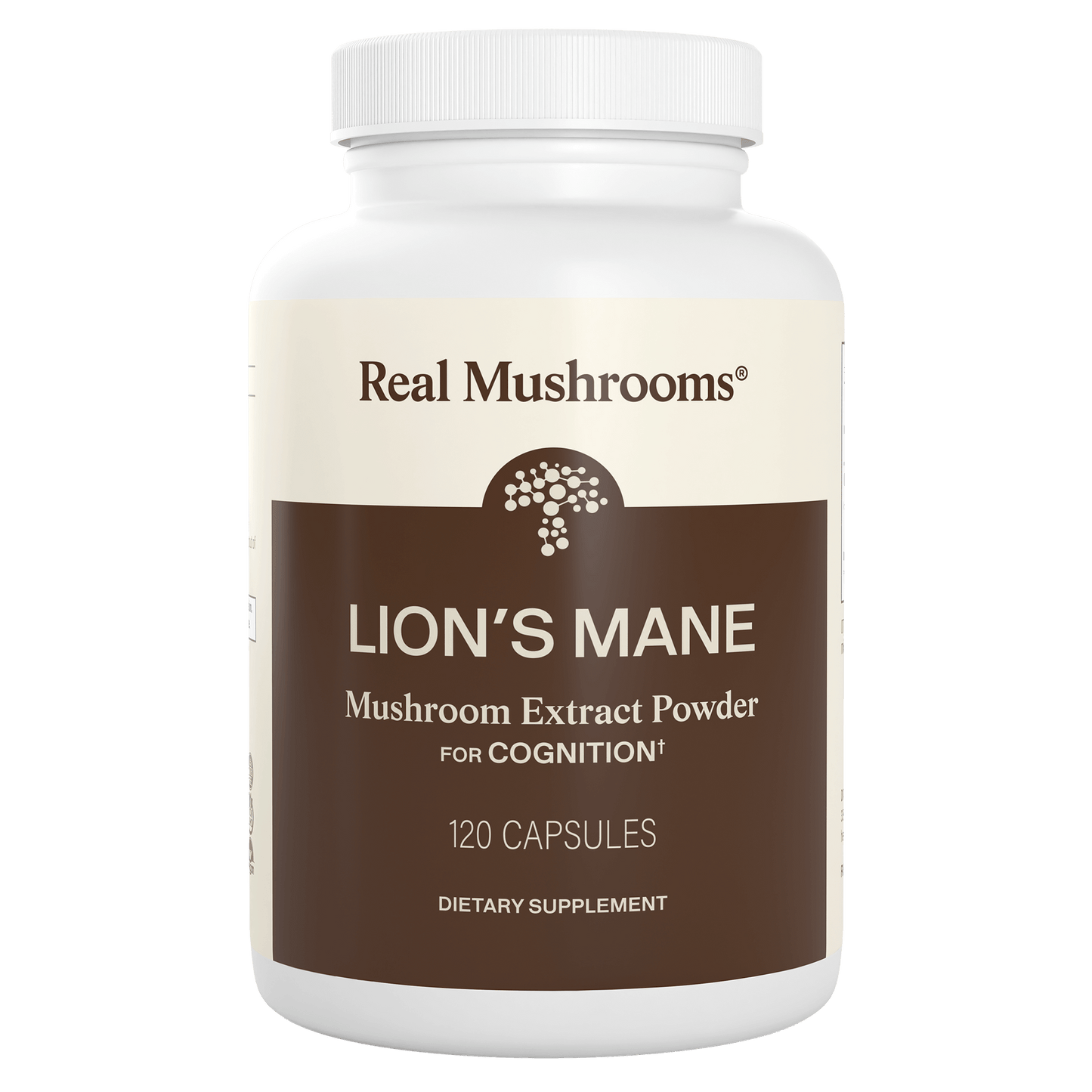 A white "Real Mushrooms" bottle labeled "Organic Lion's Mane Extract Capsules, 120 count," featuring organic mushrooms and beta-glucans as a dietary supplement for cognition.