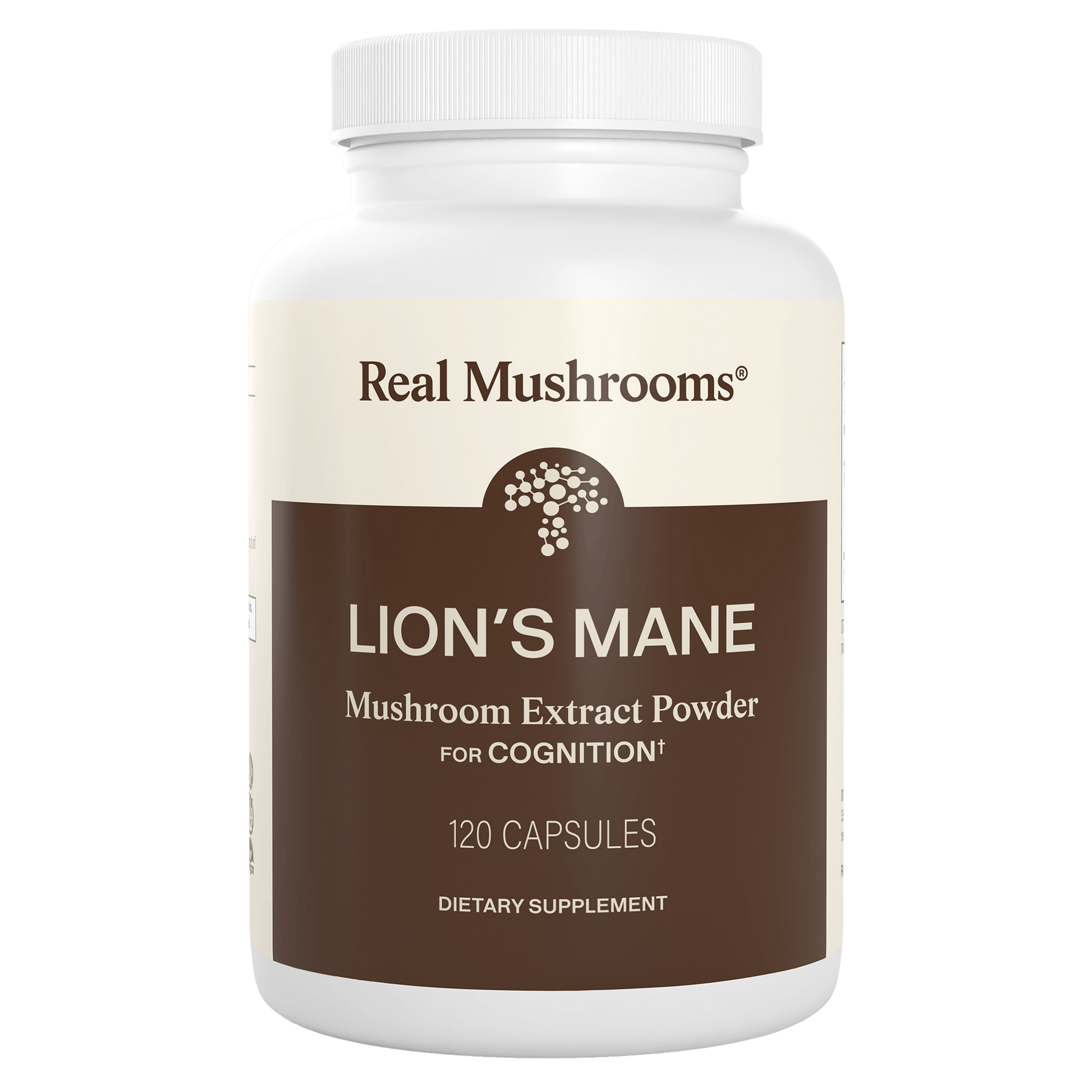 A white "Real Mushrooms" bottle labeled "Organic Lion's Mane Extract Capsules, 120 count," featuring organic mushrooms and beta-glucans as a dietary supplement for cognition.