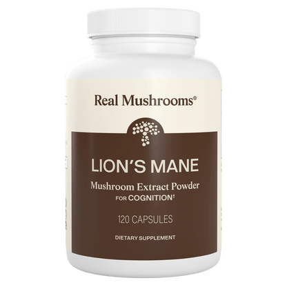 A white "Real Mushrooms" bottle labeled "Organic Lion's Mane Extract Capsules, 120 count," featuring organic mushrooms and beta-glucans as a dietary supplement for cognition.