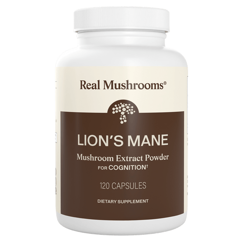 A white "Real Mushrooms" bottle labeled "Organic Lion's Mane Extract Capsules, 120 count," featuring organic mushrooms and beta-glucans as a dietary supplement for cognition.