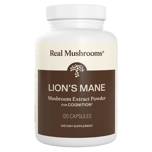 A white "Real Mushrooms" bottle labeled "Organic Lion's Mane Extract Capsules, 120 count," featuring organic mushrooms and beta-glucans as a dietary supplement for cognition.