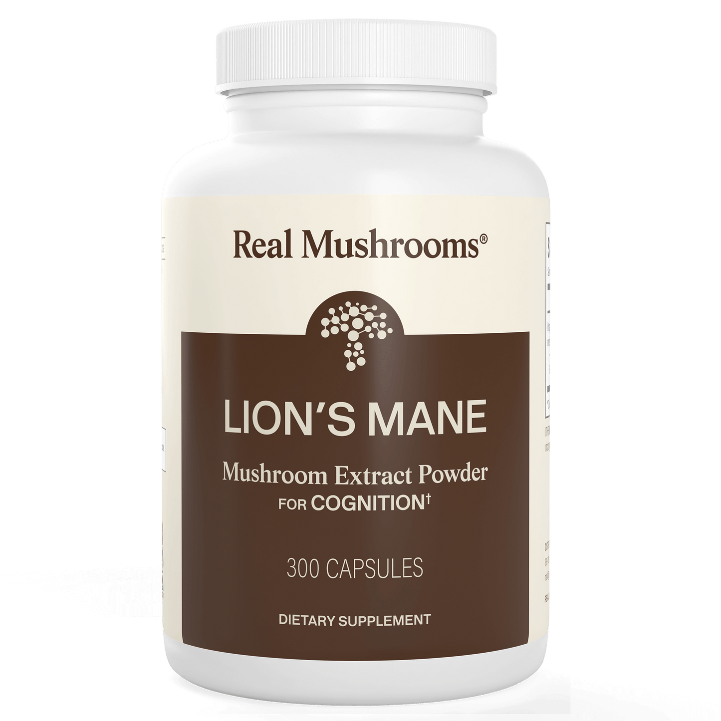 A white bottle labeled "Real Mushrooms Organic Lion's Mane Extract Capsules" contains 300 capsules, made from organic mushrooms and marketed as a dietary supplement.
