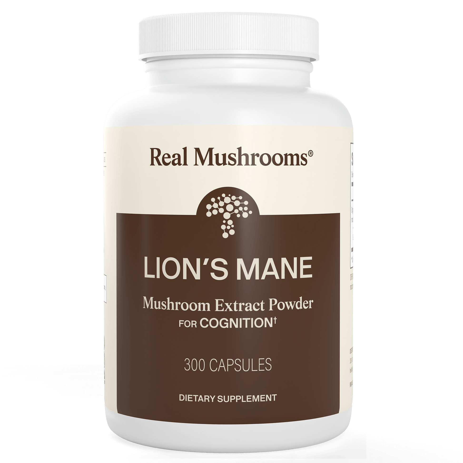 A white bottle labeled "Real Mushrooms Organic Lion's Mane Extract Capsules" contains 300 capsules, made from organic mushrooms and marketed as a dietary supplement.