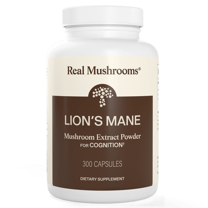 A white bottle labeled "Real Mushrooms Organic Lion's Mane Extract Capsules" contains 300 capsules, made from organic mushrooms and marketed as a dietary supplement.