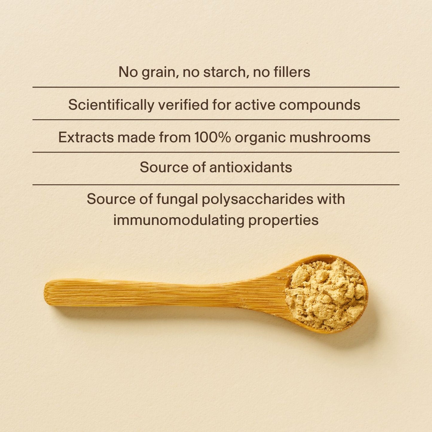 A wooden spoon with mushroom powder rests on beige beside text noting that Real Mushrooms Lion's Mane FOCUS is organic, free from fillers, and rich in antioxidants—perfect for natural cognitive support.