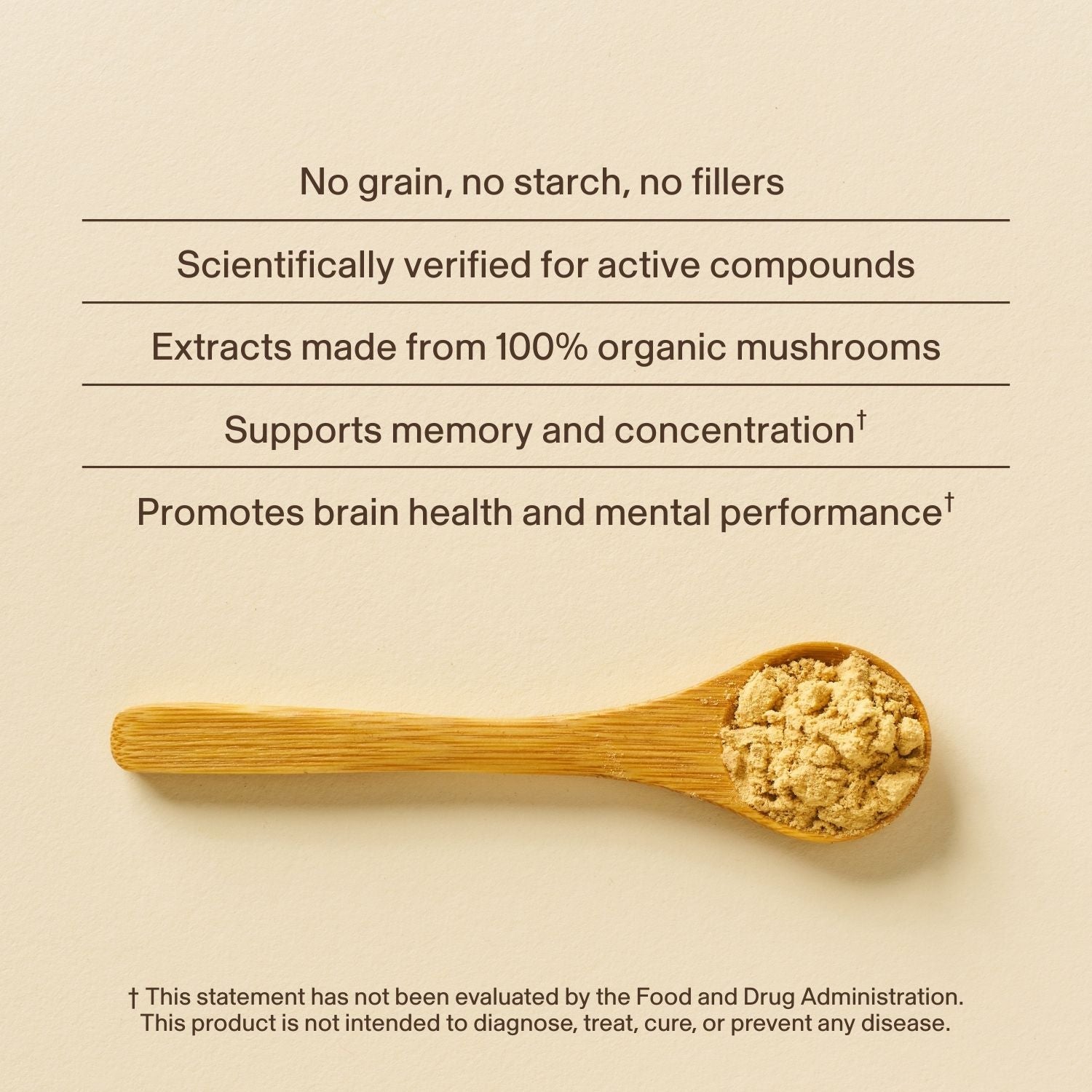 A wooden spoon with Real Mushrooms Lion's Mane with Qrill™ Pet - 12 Units sits on a beige surface, displaying benefits for pet cognitive support plus an FDA disclaimer.