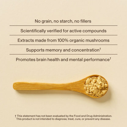A wooden spoon with Real Mushrooms Lion's Mane with Qrill™ Pet - 12 Units sits on a beige surface, displaying benefits for pet cognitive support plus an FDA disclaimer.