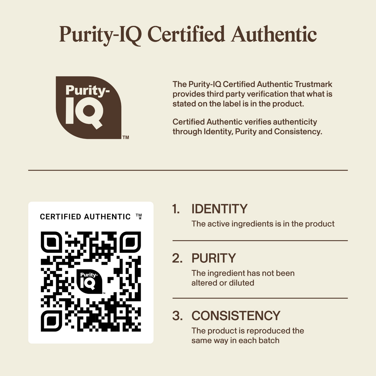 The Purity-IQ Certified Authentic label on Real Mushrooms Lion's Mane CALM - 12 Units features a QR code and text confirming the identity, purity, and consistency of its premium Lion’s Mane mushroom extract.